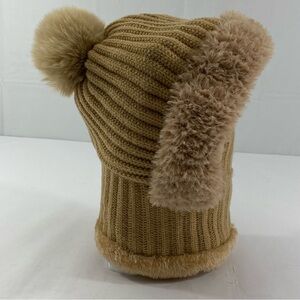 Cozy Women’s One Piece Scarf & Mask Tan Knit Pom-Pom Hat